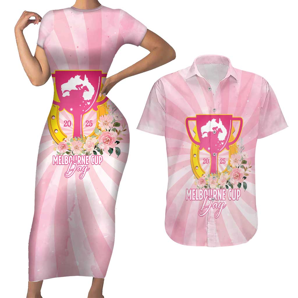 Australia Cup Melbourne Horse Racing Couples Matching Short Sleeve Bodycon Dress and Hawaiian Shirt 2025 Champion Trophy With Horseshoe - Aussie Hoodie