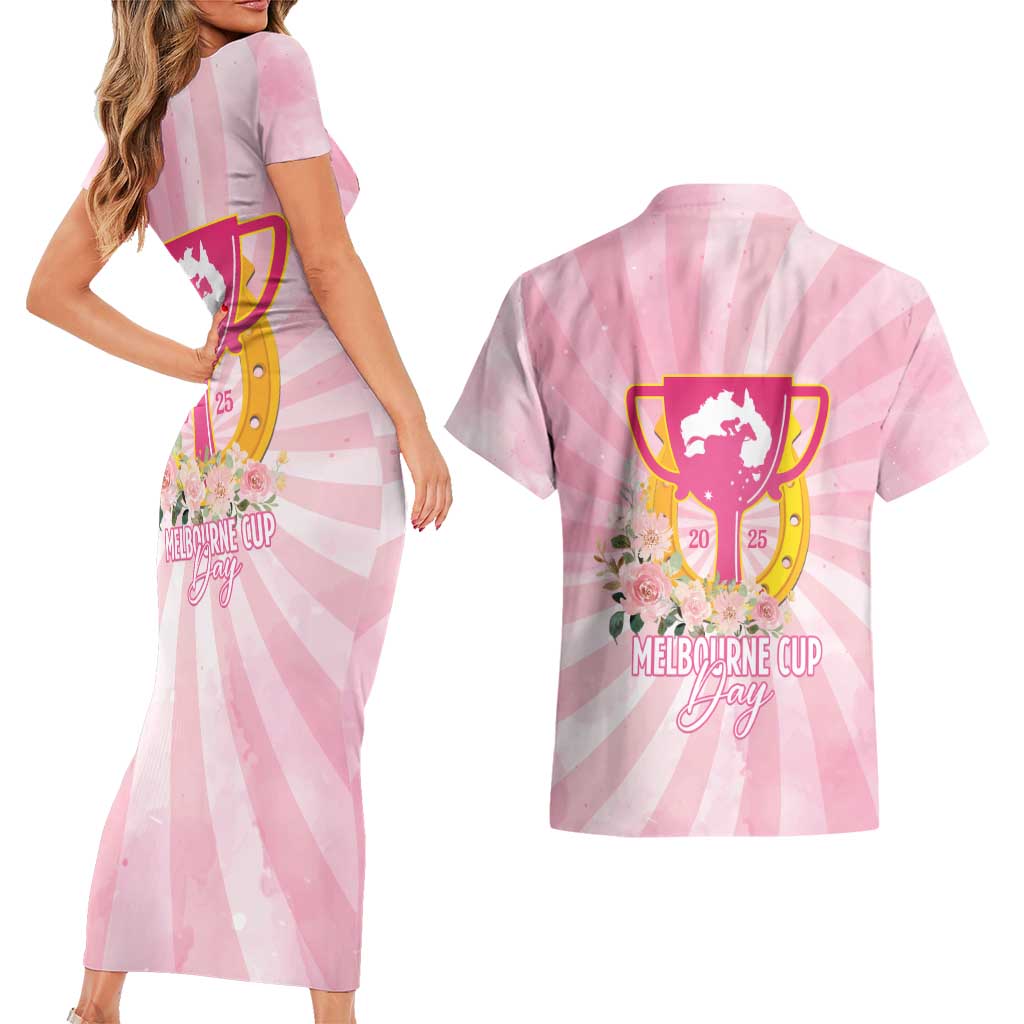 Australia Cup Melbourne Horse Racing Couples Matching Short Sleeve Bodycon Dress and Hawaiian Shirt 2025 Champion Trophy With Horseshoe - Aussie Hoodie