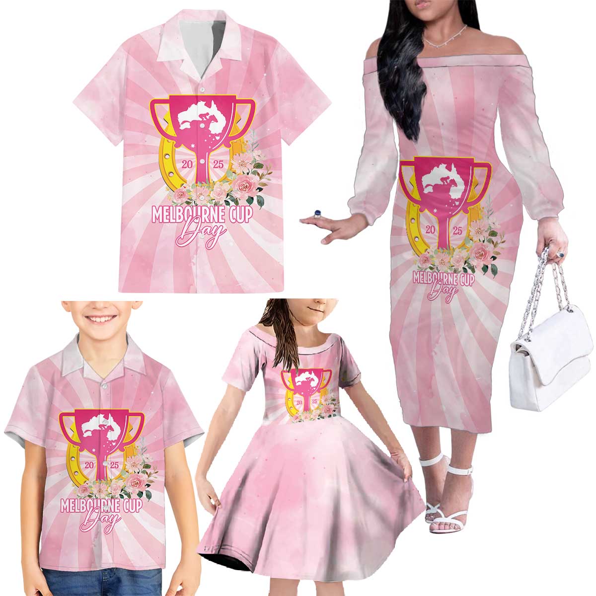 Australia Cup Melbourne Horse Racing Family Matching Off The Shoulder Long Sleeve Dress and Hawaiian Shirt 2025 Champion Trophy With Horseshoe - Aussie Hoodie