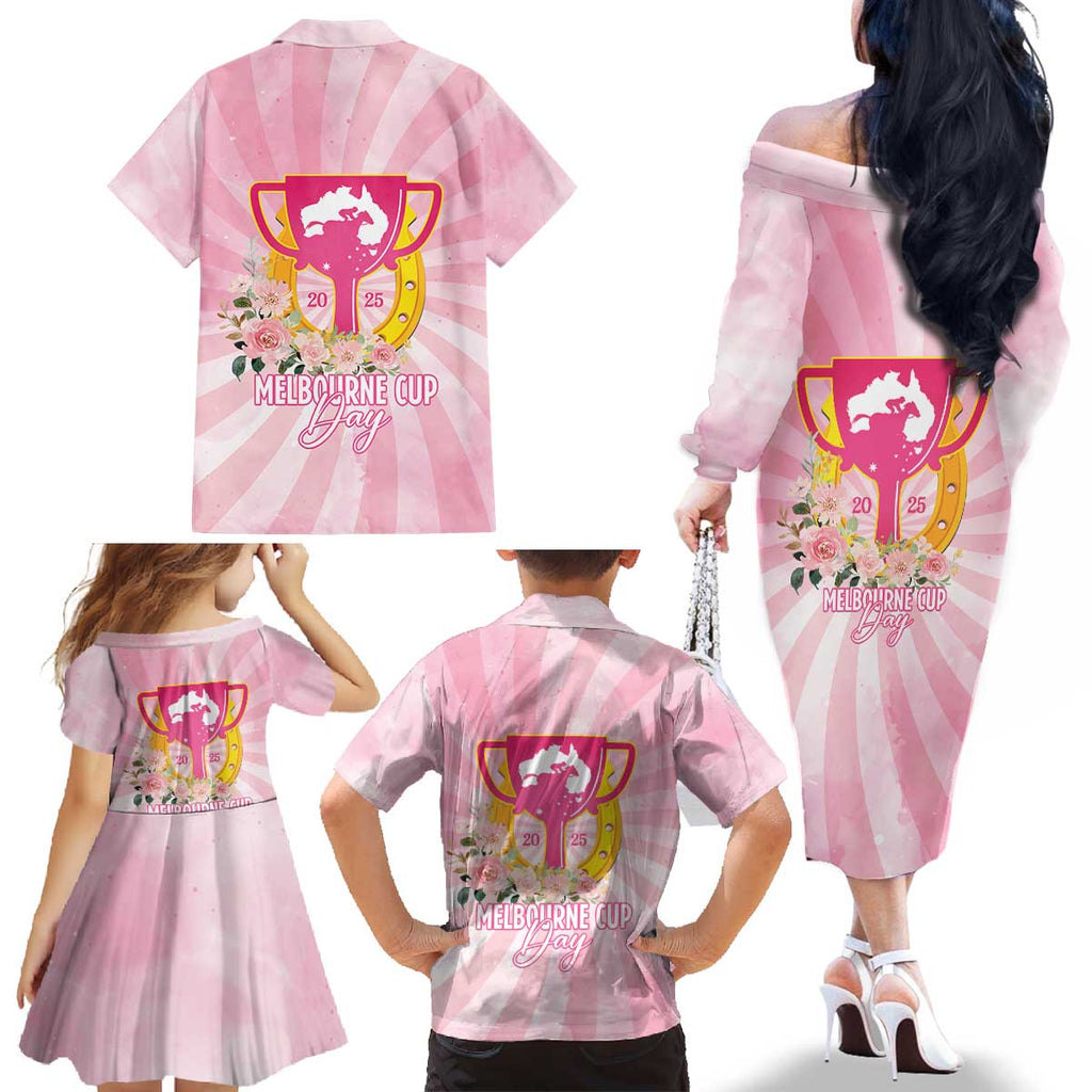 Australia Cup Melbourne Horse Racing Family Matching Off The Shoulder Long Sleeve Dress and Hawaiian Shirt 2025 Champion Trophy With Horseshoe - Aussie Hoodie