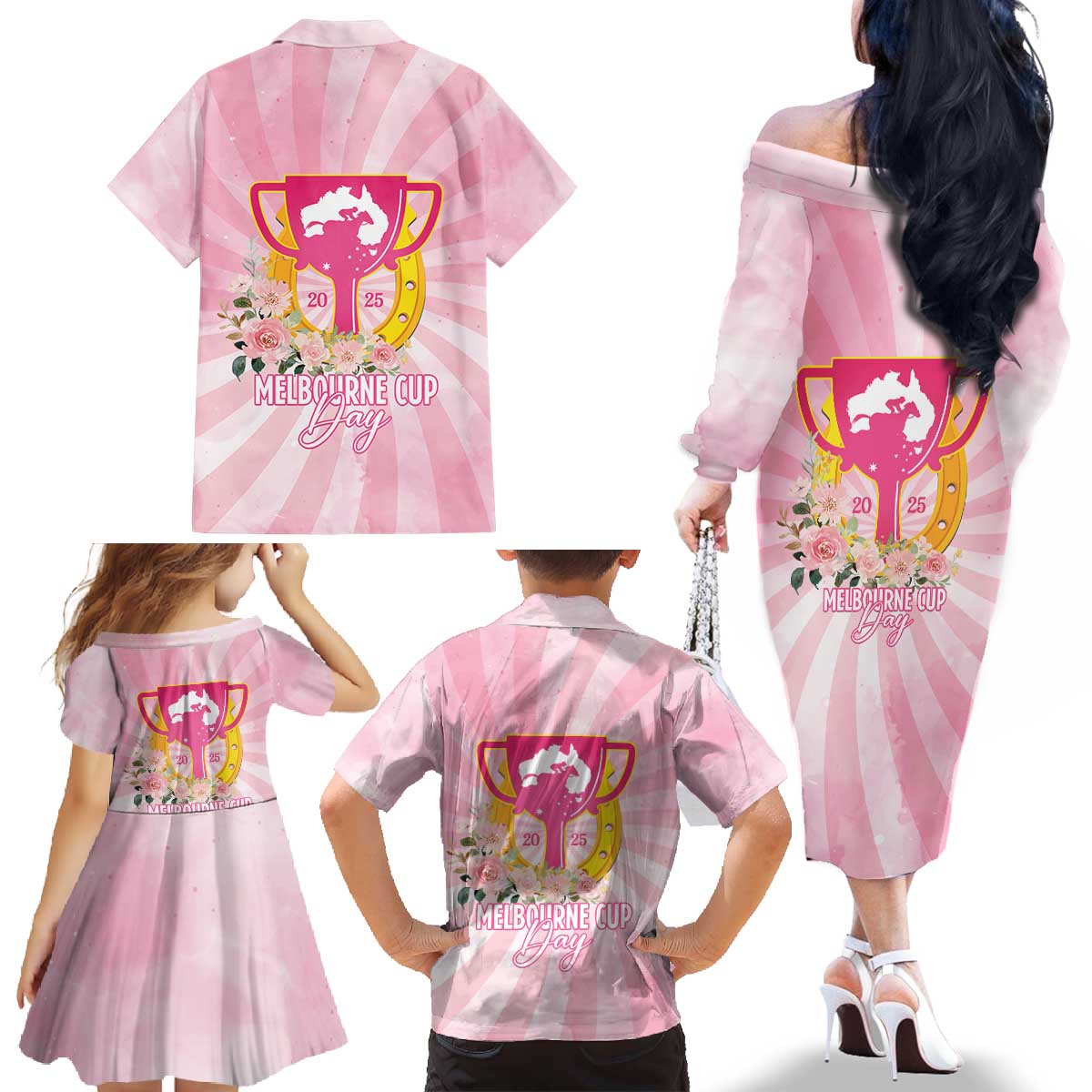 Australia Cup Melbourne Horse Racing Family Matching Off The Shoulder Long Sleeve Dress and Hawaiian Shirt 2025 Champion Trophy With Horseshoe - Aussie Hoodie