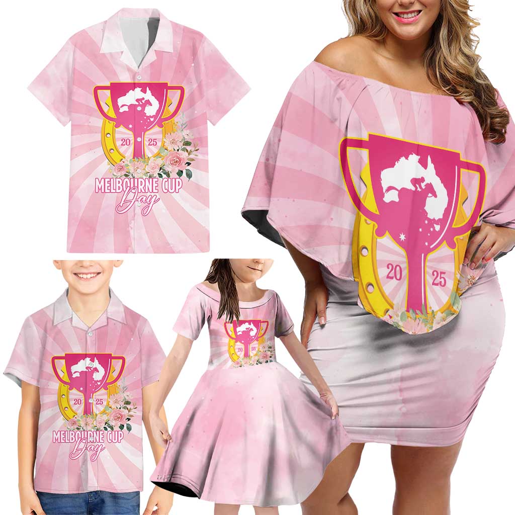 Australia Cup Melbourne Horse Racing Family Matching Off Shoulder Short Dress and Hawaiian Shirt 2025 Champion Trophy With Horseshoe - Aussie Hoodie
