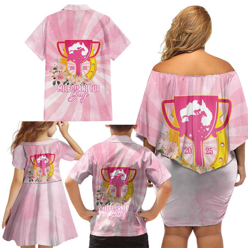 Australia Cup Melbourne Horse Racing Family Matching Off Shoulder Short Dress and Hawaiian Shirt 2025 Champion Trophy With Horseshoe - Aussie Hoodie