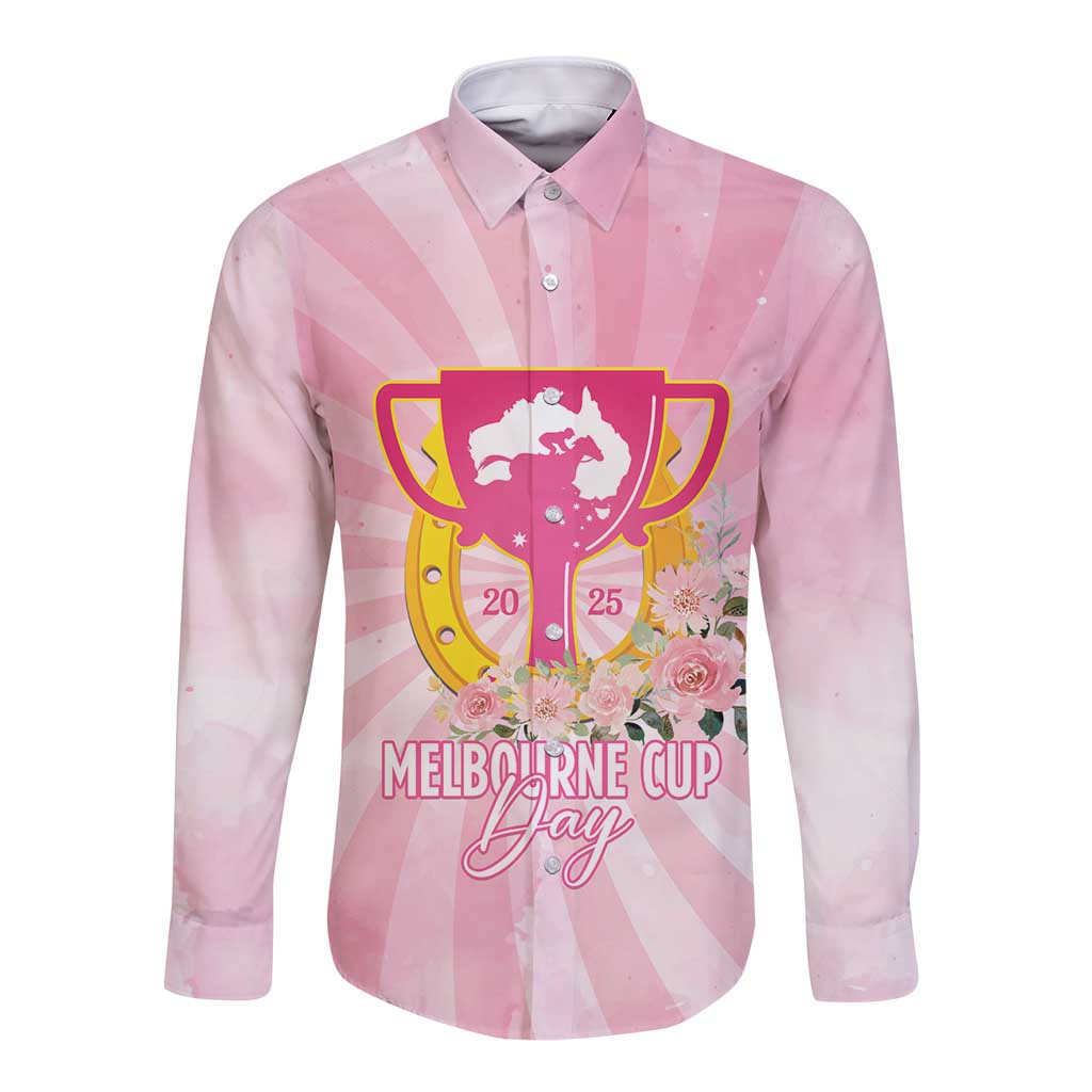 Australia Cup Melbourne Horse Racing Long Sleeve Button Shirt 2025 Champion Trophy With Horseshoe - Aussie Hoodie