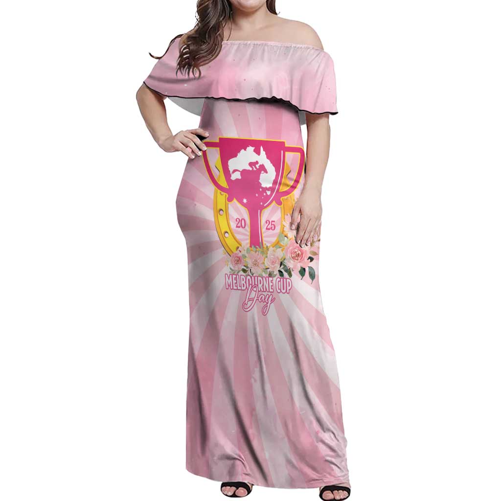 Australia Cup Melbourne Horse Racing Off Shoulder Maxi Dress 2025 Champion Trophy With Horseshoe - Aussie Hoodie