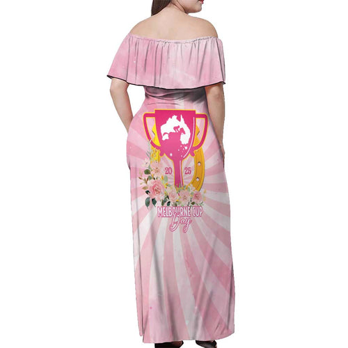 Australia Cup Melbourne Horse Racing Off Shoulder Maxi Dress 2025 Champion Trophy With Horseshoe - Aussie Hoodie
