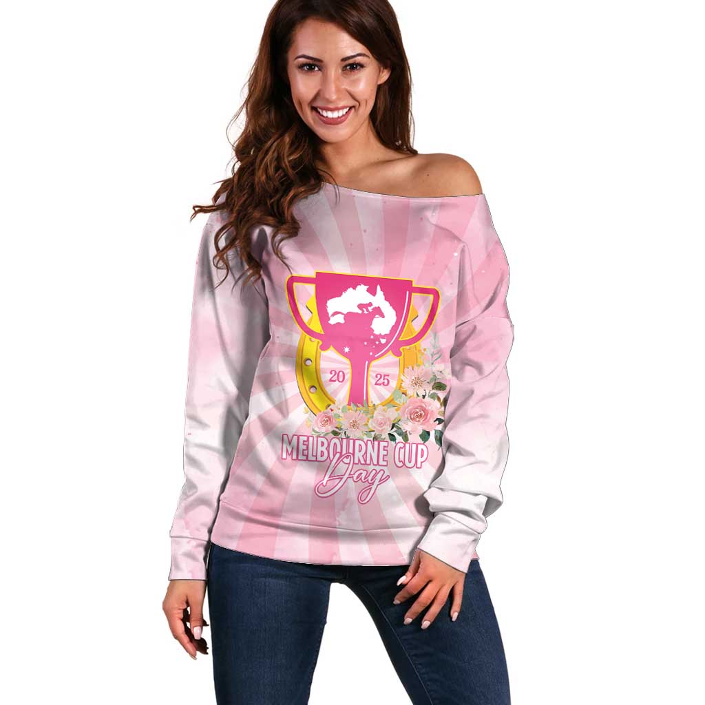 Australia Cup Melbourne Horse Racing Off Shoulder Sweater 2025 Champion Trophy With Horseshoe - Aussie Hoodie