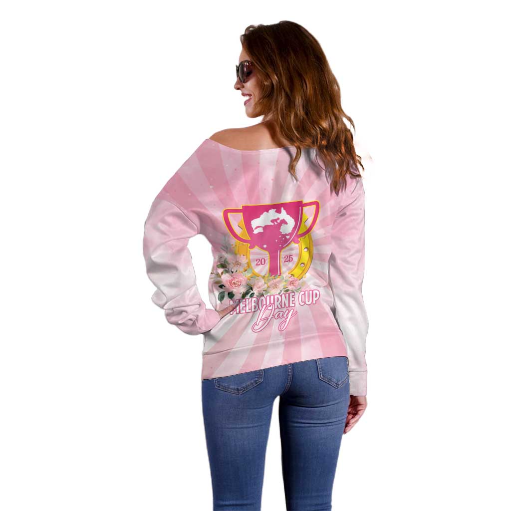 Australia Cup Melbourne Horse Racing Off Shoulder Sweater 2025 Champion Trophy With Horseshoe - Aussie Hoodie