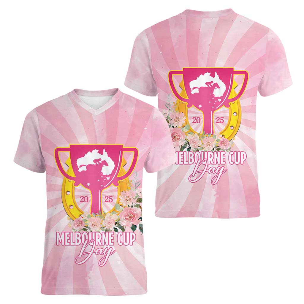 Australia Cup Melbourne Horse Racing Women V-Neck T-Shirt 2025 Champion Trophy With Horseshoe - Aussie Hoodie