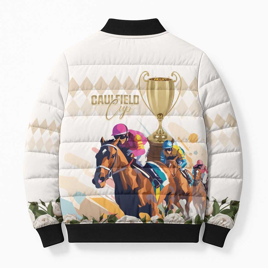 Australia Cup Caulfield Horse Racing Bomber Puffer Jacket Champion Trophy Mix White Roses - Aussie Hoodie