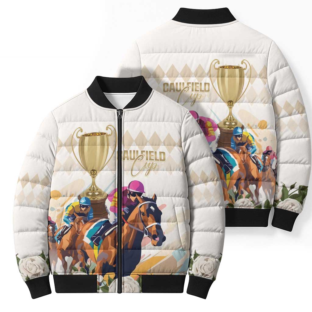 Australia Cup Caulfield Horse Racing Bomber Puffer Jacket Champion Trophy Mix White Roses - Aussie Hoodie