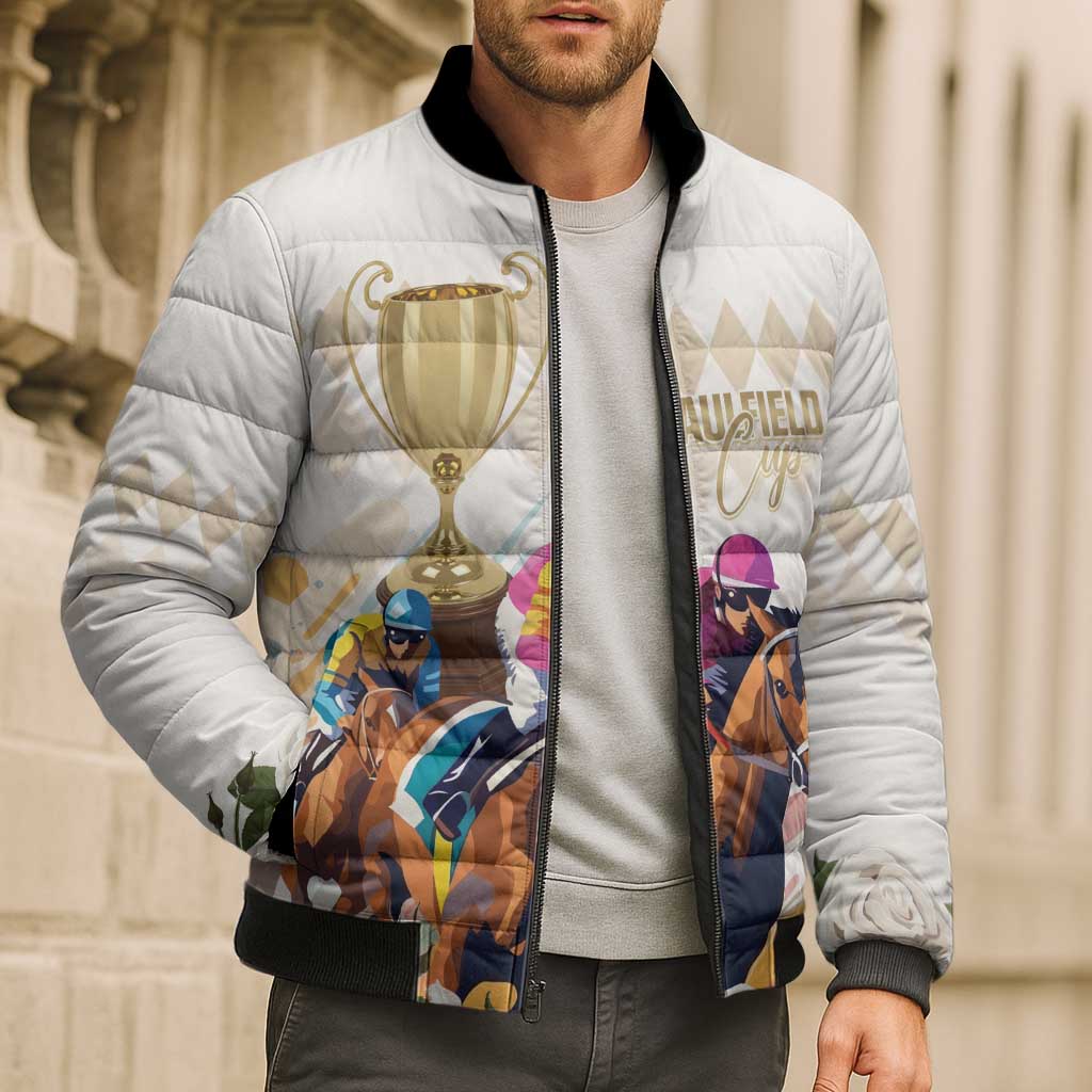 Australia Cup Caulfield Horse Racing Bomber Puffer Jacket Champion Trophy Mix White Roses - Aussie Hoodie