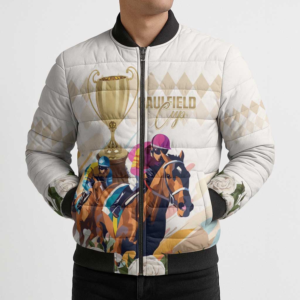 Australia Cup Caulfield Horse Racing Bomber Puffer Jacket Champion Trophy Mix White Roses - Aussie Hoodie