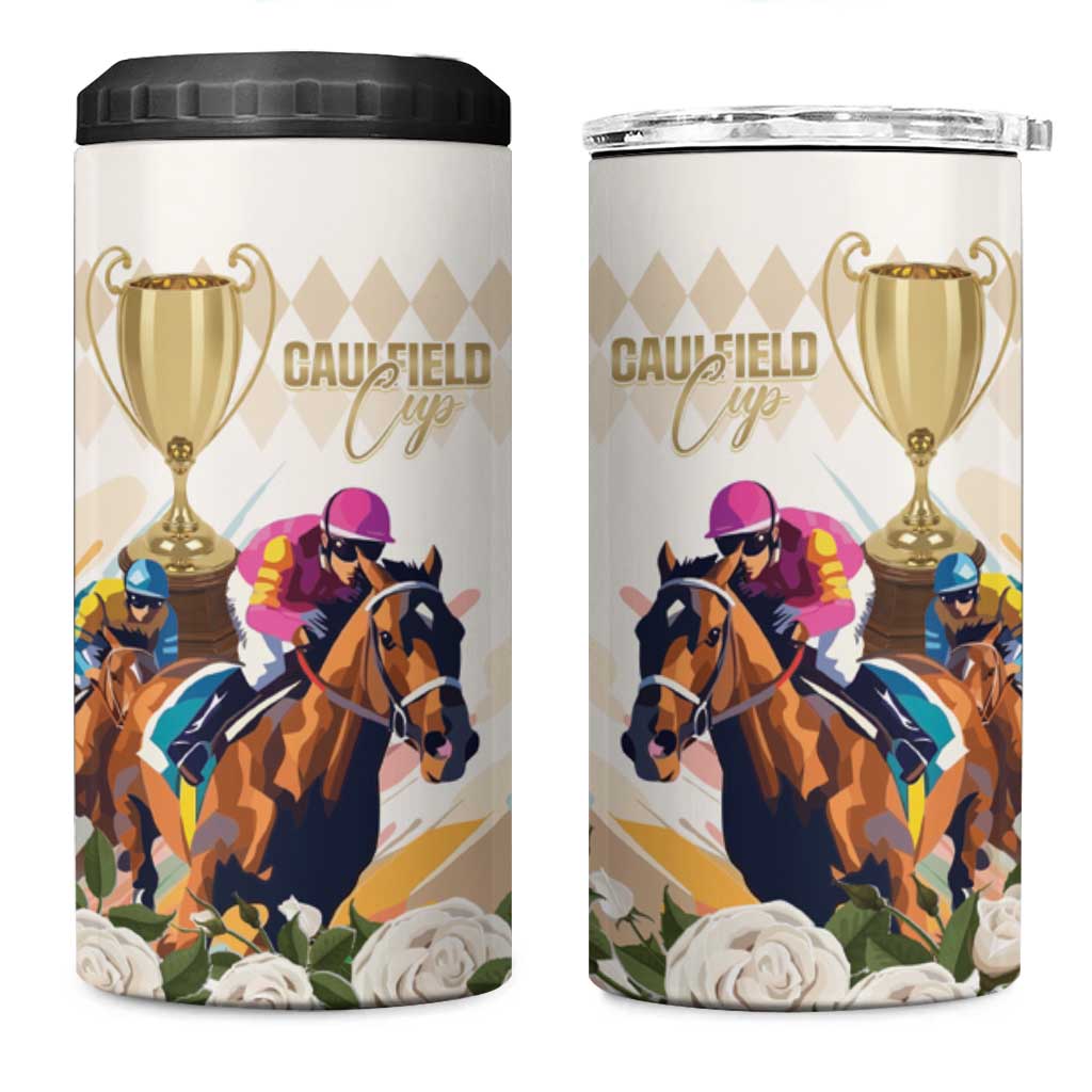 Australia Cup Caulfield Horse Racing 4 in 1 Can Cooler Tumbler Champion Trophy Mix White Roses - Aussie Hoodie