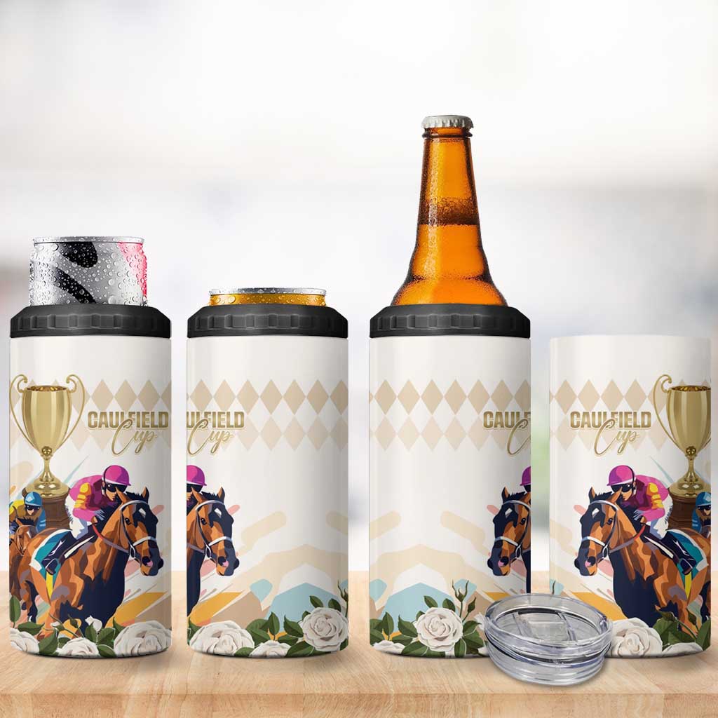 Australia Cup Caulfield Horse Racing 4 in 1 Can Cooler Tumbler Champion Trophy Mix White Roses - Aussie Hoodie
