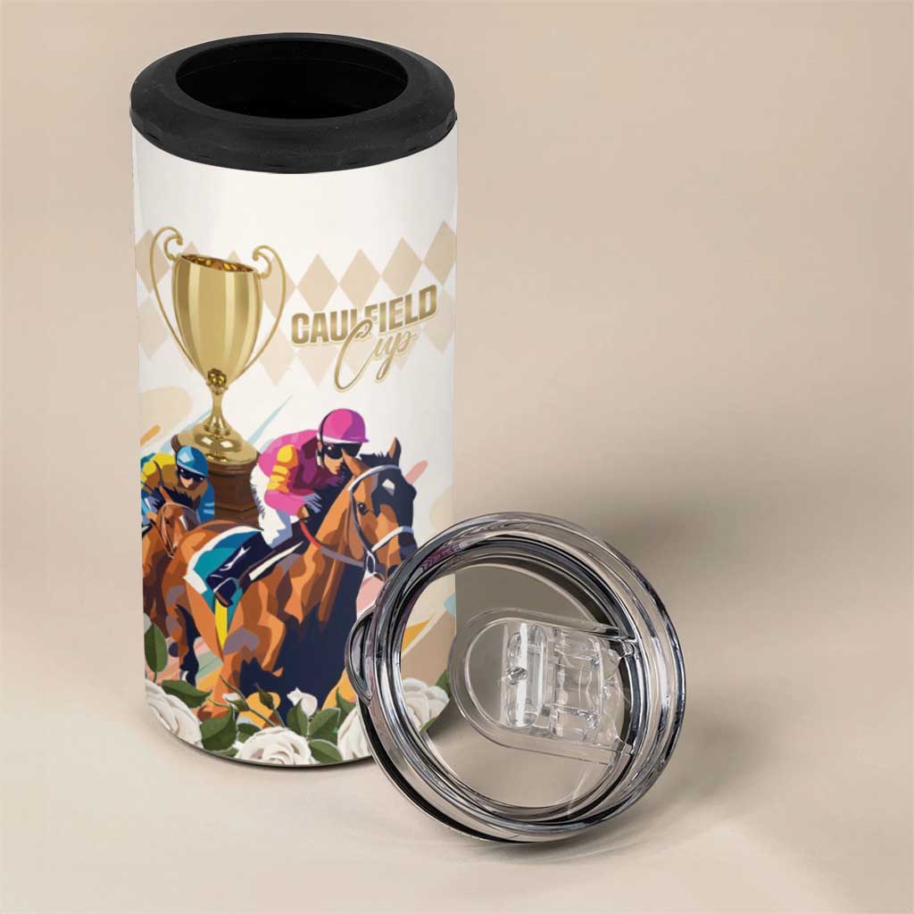 Australia Cup Caulfield Horse Racing 4 in 1 Can Cooler Tumbler Champion Trophy Mix White Roses - Aussie Hoodie