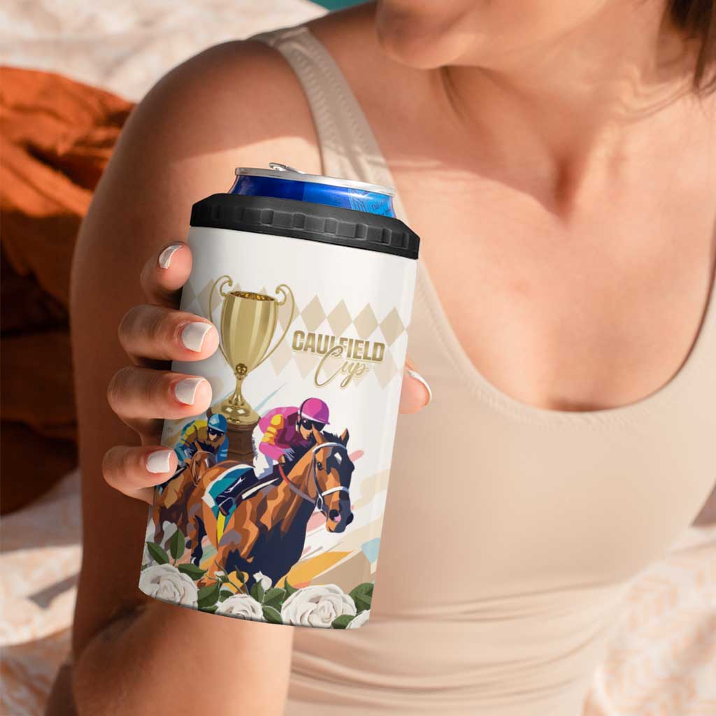 Australia Cup Caulfield Horse Racing 4 in 1 Can Cooler Tumbler Champion Trophy Mix White Roses - Aussie Hoodie