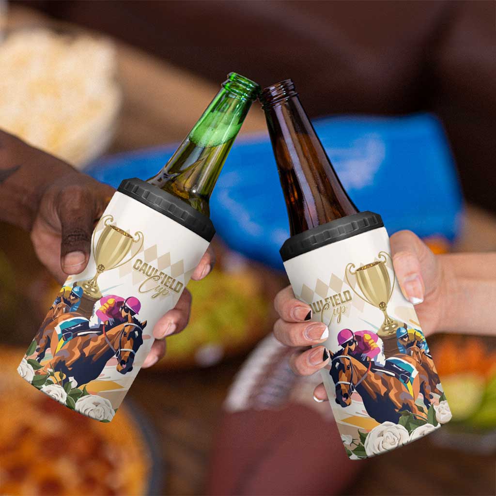 Australia Cup Caulfield Horse Racing 4 in 1 Can Cooler Tumbler Champion Trophy Mix White Roses - Aussie Hoodie