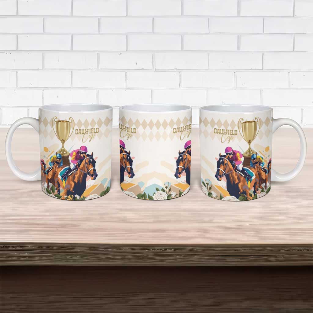 Australia Cup Caulfield Horse Racing Ceramic Mug Champion Trophy Mix White Roses - Aussie Hoodie