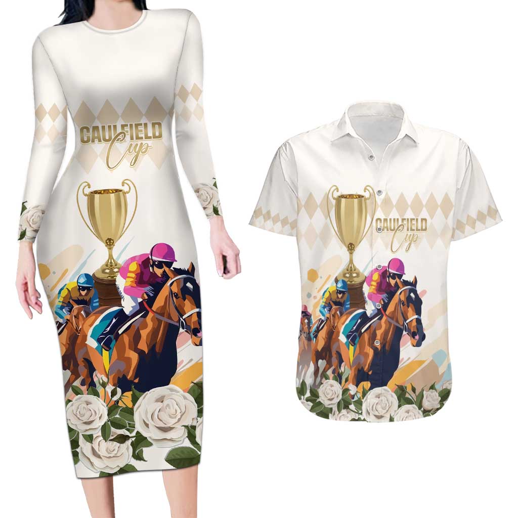Australia Cup Caulfield Horse Racing Couples Matching Long Sleeve Bodycon Dress and Hawaiian Shirt Champion Trophy Mix White Roses - Aussie Hoodie