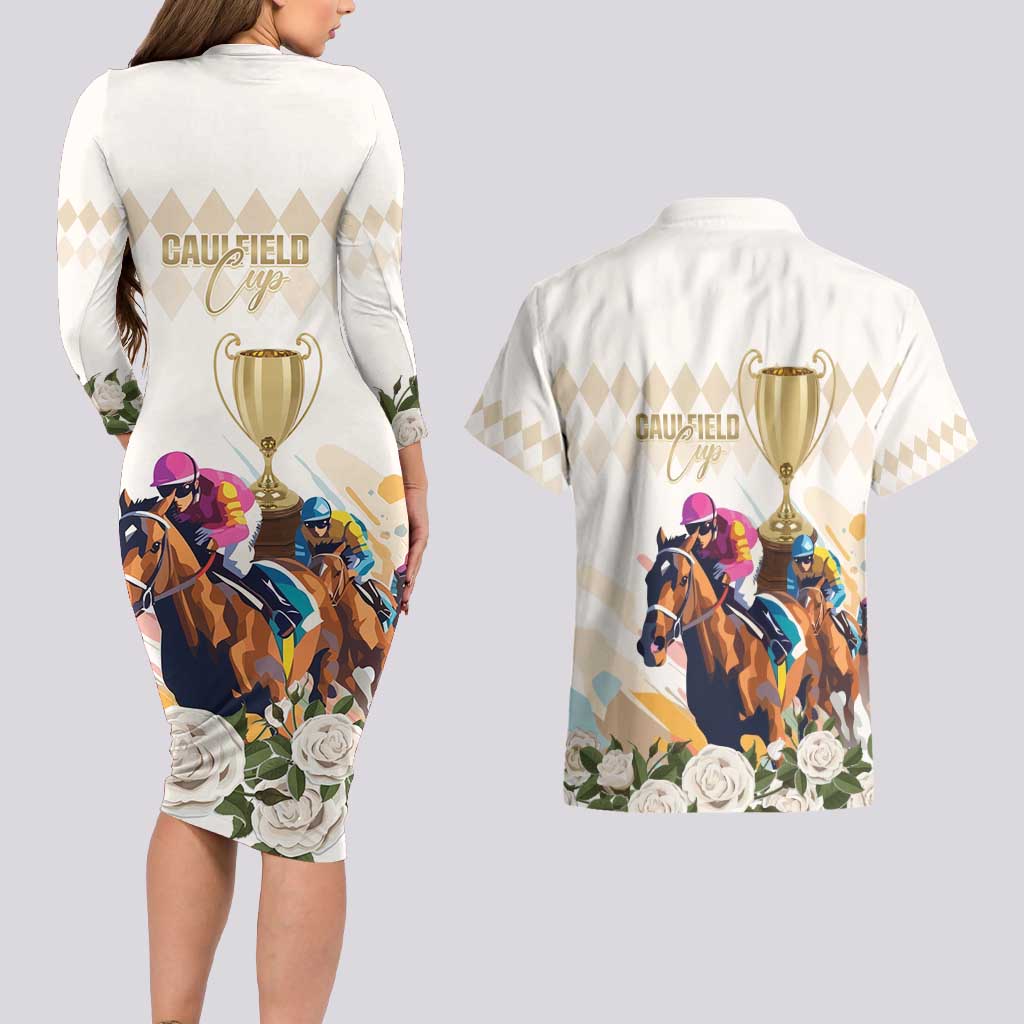 Australia Cup Caulfield Horse Racing Couples Matching Long Sleeve Bodycon Dress and Hawaiian Shirt Champion Trophy Mix White Roses - Aussie Hoodie