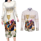 Australia Cup Caulfield Horse Racing Couples Matching Long Sleeve Bodycon Dress and Long Sleeve Button Shirt Champion Trophy Mix White Roses - Aussie Hoodie
