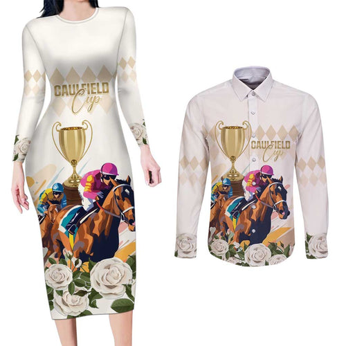 Australia Cup Caulfield Horse Racing Couples Matching Long Sleeve Bodycon Dress and Long Sleeve Button Shirt Champion Trophy Mix White Roses - Aussie Hoodie