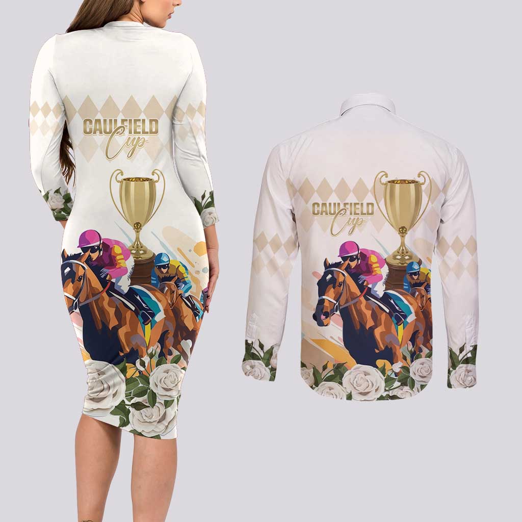 Australia Cup Caulfield Horse Racing Couples Matching Long Sleeve Bodycon Dress and Long Sleeve Button Shirt Champion Trophy Mix White Roses - Aussie Hoodie