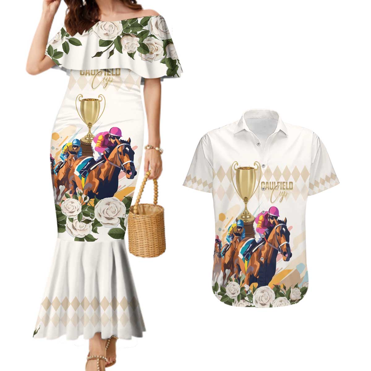 Australia Cup Caulfield Horse Racing Couples Matching Mermaid Dress and Hawaiian Shirt Champion Trophy Mix White Roses - Aussie Hoodie