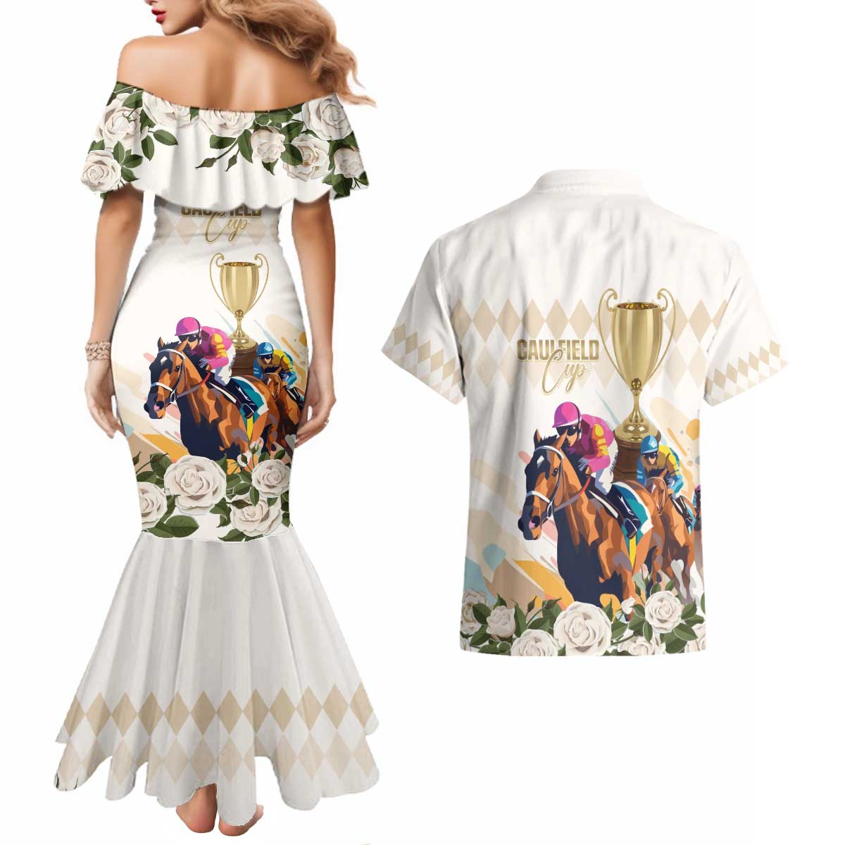 Australia Cup Caulfield Horse Racing Couples Matching Mermaid Dress and Hawaiian Shirt Champion Trophy Mix White Roses - Aussie Hoodie