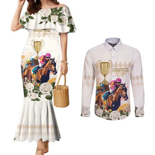 Australia Cup Caulfield Horse Racing Couples Matching Mermaid Dress and Long Sleeve Button Shirt Champion Trophy Mix White Roses - Aussie Hoodie