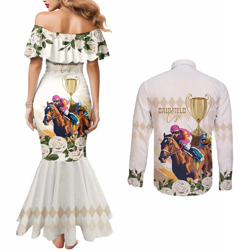 Australia Cup Caulfield Horse Racing Couples Matching Mermaid Dress and Long Sleeve Button Shirt Champion Trophy Mix White Roses - Aussie Hoodie