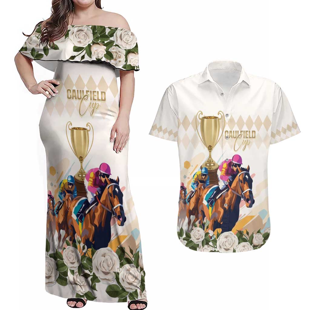 Australia Cup Caulfield Horse Racing Couples Matching Off Shoulder Maxi Dress and Hawaiian Shirt Champion Trophy Mix White Roses - Aussie Hoodie