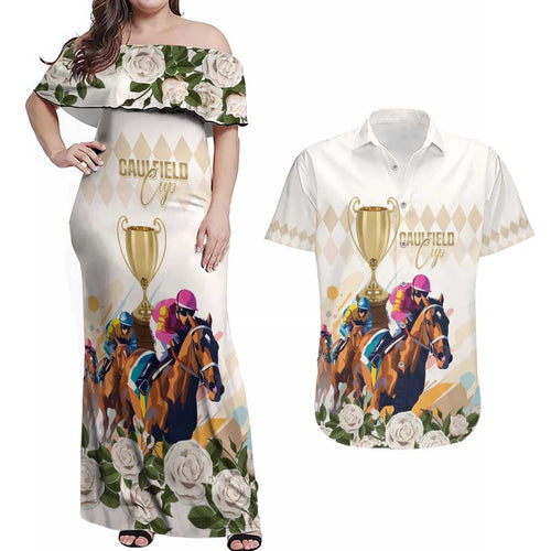 Australia Cup Caulfield Horse Racing Couples Matching Off Shoulder Maxi Dress and Hawaiian Shirt Champion Trophy Mix White Roses - Aussie Hoodie