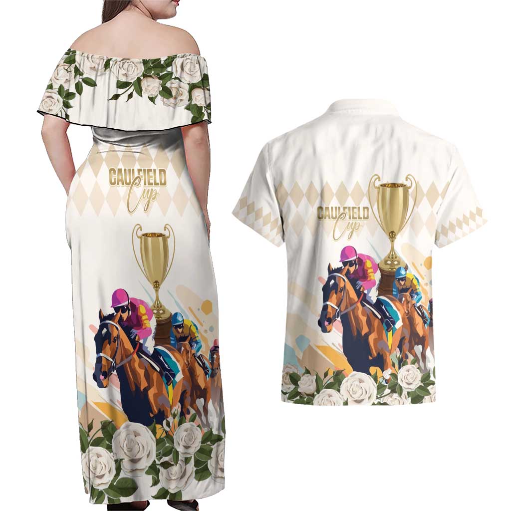 Australia Cup Caulfield Horse Racing Couples Matching Off Shoulder Maxi Dress and Hawaiian Shirt Champion Trophy Mix White Roses - Aussie Hoodie