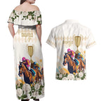 Australia Cup Caulfield Horse Racing Couples Matching Off Shoulder Maxi Dress and Hawaiian Shirt Champion Trophy Mix White Roses - Aussie Hoodie