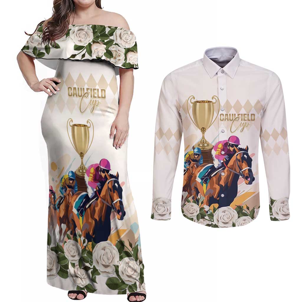 Australia Cup Caulfield Horse Racing Couples Matching Off Shoulder Maxi Dress and Long Sleeve Button Shirt Champion Trophy Mix White Roses - Aussie Hoodie
