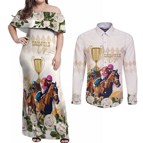 Australia Cup Caulfield Horse Racing Couples Matching Off Shoulder Maxi Dress and Long Sleeve Button Shirt Champion Trophy Mix White Roses - Aussie Hoodie