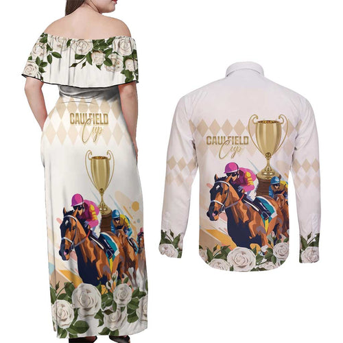 Australia Cup Caulfield Horse Racing Couples Matching Off Shoulder Maxi Dress and Long Sleeve Button Shirt Champion Trophy Mix White Roses - Aussie Hoodie