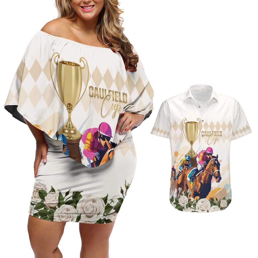 Australia Cup Caulfield Horse Racing Couples Matching Off Shoulder Short Dress and Hawaiian Shirt Champion Trophy Mix White Roses - Aussie Hoodie