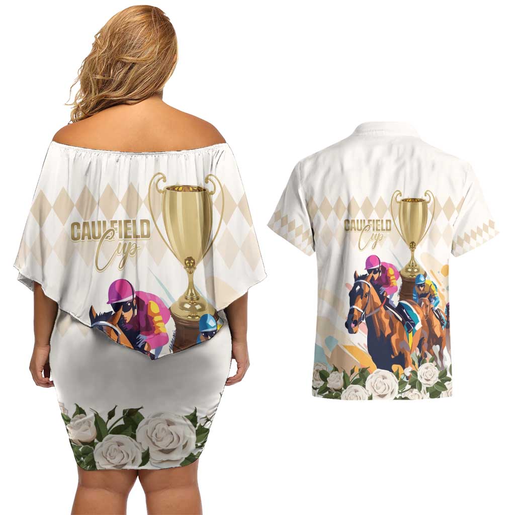 Australia Cup Caulfield Horse Racing Couples Matching Off Shoulder Short Dress and Hawaiian Shirt Champion Trophy Mix White Roses - Aussie Hoodie