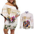 Australia Cup Caulfield Horse Racing Couples Matching Off Shoulder Short Dress and Long Sleeve Button Shirt Champion Trophy Mix White Roses - Aussie Hoodie