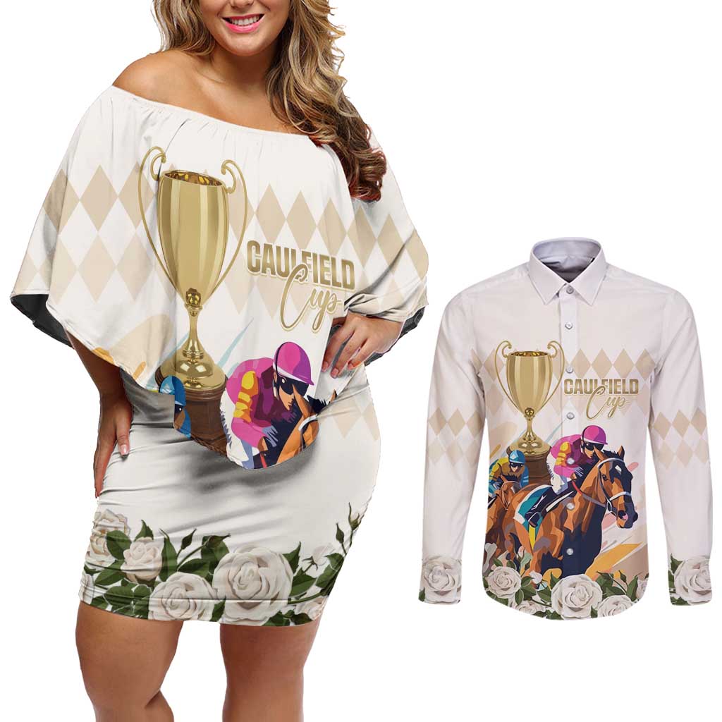 Australia Cup Caulfield Horse Racing Couples Matching Off Shoulder Short Dress and Long Sleeve Button Shirt Champion Trophy Mix White Roses - Aussie Hoodie