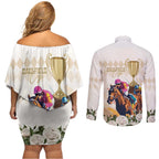 Australia Cup Caulfield Horse Racing Couples Matching Off Shoulder Short Dress and Long Sleeve Button Shirt Champion Trophy Mix White Roses - Aussie Hoodie