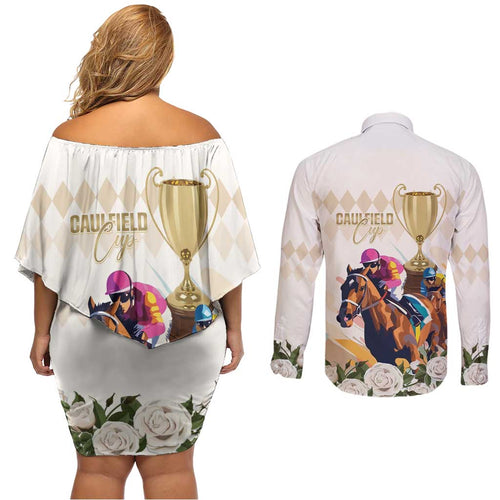 Australia Cup Caulfield Horse Racing Couples Matching Off Shoulder Short Dress and Long Sleeve Button Shirt Champion Trophy Mix White Roses - Aussie Hoodie