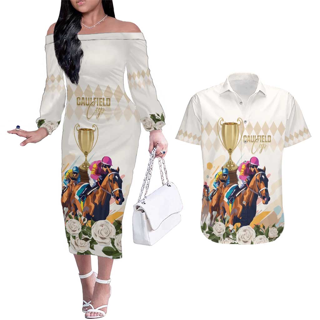 Australia Cup Caulfield Horse Racing Couples Matching Off The Shoulder Long Sleeve Dress and Hawaiian Shirt Champion Trophy Mix White Roses - Aussie Hoodie