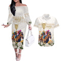 Australia Cup Caulfield Horse Racing Couples Matching Off The Shoulder Long Sleeve Dress and Hawaiian Shirt Champion Trophy Mix White Roses - Aussie Hoodie
