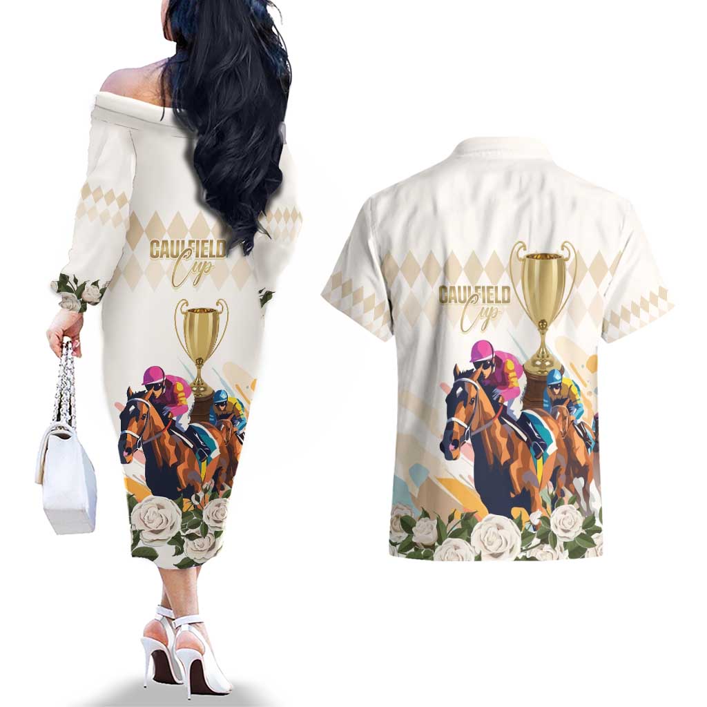 Australia Cup Caulfield Horse Racing Couples Matching Off The Shoulder Long Sleeve Dress and Hawaiian Shirt Champion Trophy Mix White Roses - Aussie Hoodie
