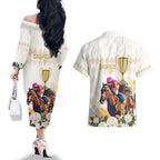 Australia Cup Caulfield Horse Racing Couples Matching Off The Shoulder Long Sleeve Dress and Hawaiian Shirt Champion Trophy Mix White Roses - Aussie Hoodie