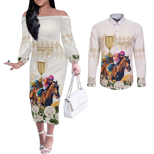 Australia Cup Caulfield Horse Racing Couples Matching Off The Shoulder Long Sleeve Dress and Long Sleeve Button Shirt Champion Trophy Mix White Roses - Aussie Hoodie
